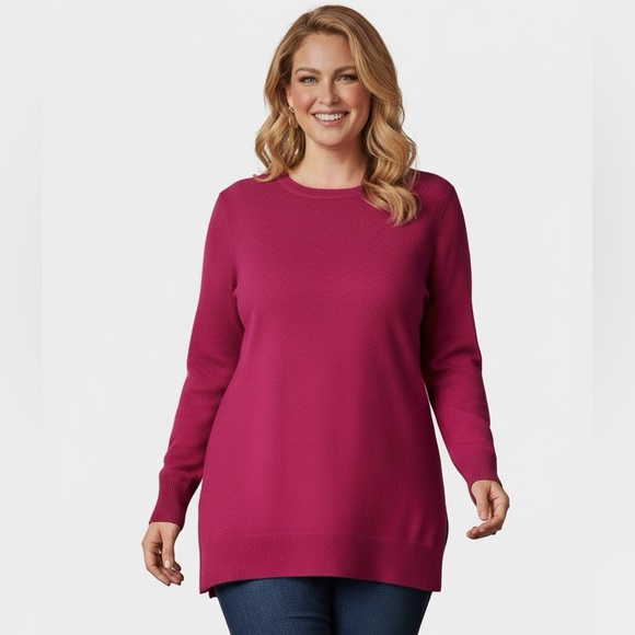Halogen Cashmere Crew Neck Sweater Tunic Side Cuff Slits Knit Fuschia Pink XXL - Picture 1 of 16
